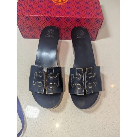 Tory Burch Ines Wedge Slide Women 8.5 Navy Gold Leather 80mm 51985 - Picture 1 of 7